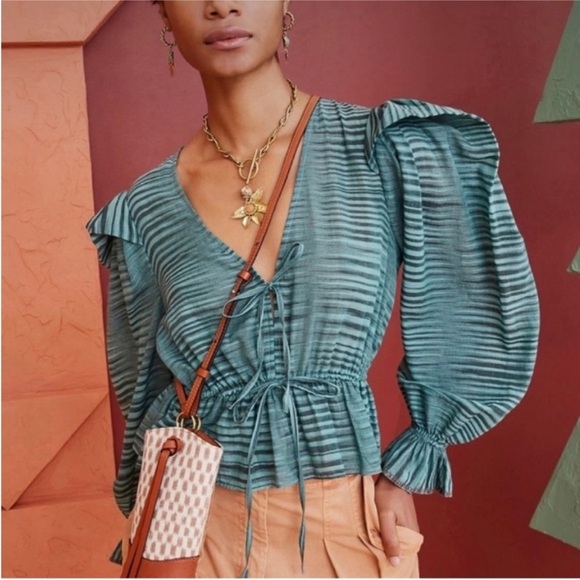 Ulla Johnson Ophelia Cotton Voile Peplum Blouse Teal
Stripe Size 10 - Picture 1 of 16